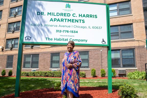 Dr. Mildred C. Harris at the refurbished South Side senior building dedicated to her.