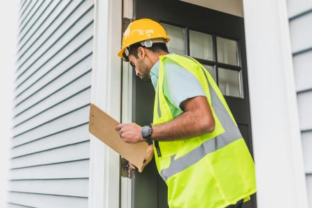 A man in a yellow vest and hard hat holding a clipboard inspecting a door frame.